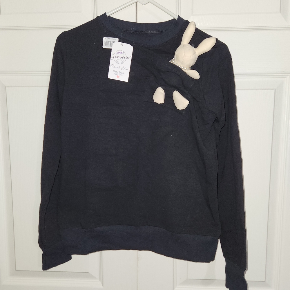Black Sweatshirt with Plush Bunny Accent